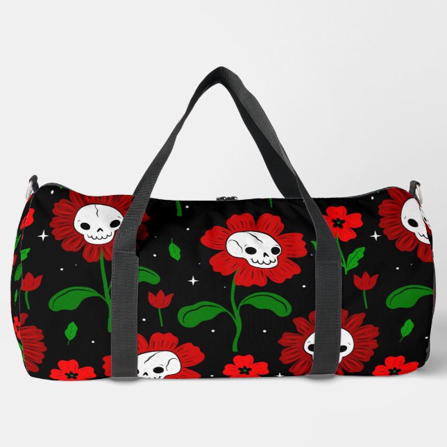 halloween floral skull flowers red duffle bag (Front)