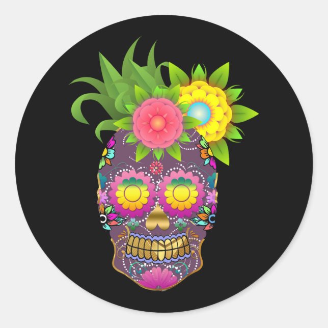Halloween Floral Sugar Skull Classic Round Sticker (Front)