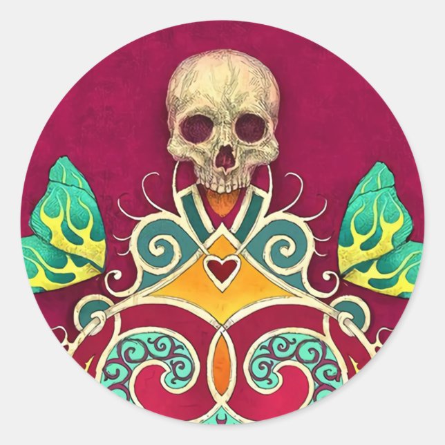 Halloween Floral Sugar Skull Classic Round Sticker (Front)