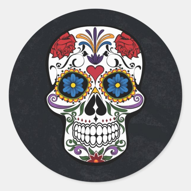 Halloween Floral Sugar Skull Classic Round Sticker (Front)