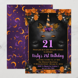 Halloween Floral Unicorn Face 21st Birthday Invitation