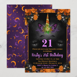 Halloween Floral Unicorn Face 21st Birthday Invitation