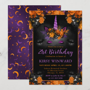 Halloween Floral Unicorn Face Birthday Invitation