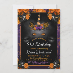 Halloween Floral Unicorn Face Fall 21st Birthday Invitation