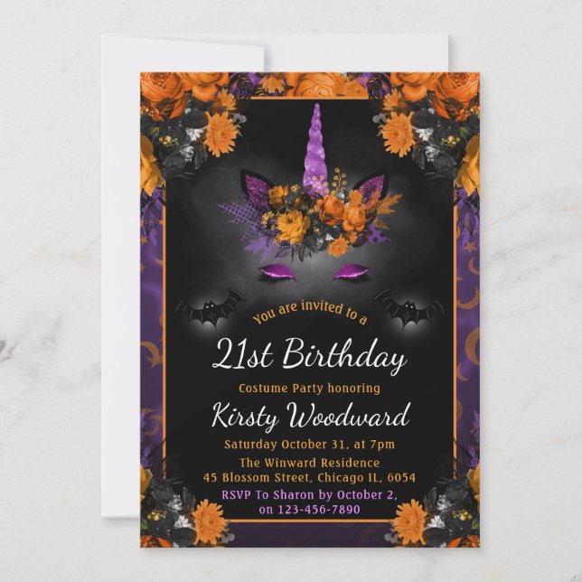 Halloween Floral Unicorn Face Fall 21st Birthday Invitation (Front)
