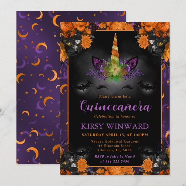 Halloween Floral Unicorn Face Quinceanera Invitation (Front/Back)