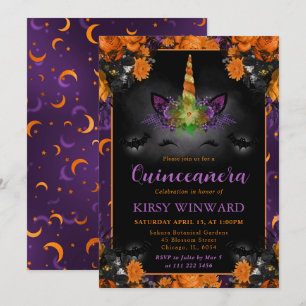 Halloween Floral Unicorn Face Quinceanera Invitation