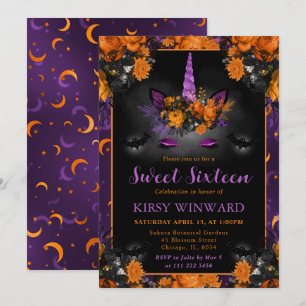 Halloween Floral Unicorn Face Sweet Sixteen Invitation