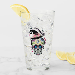 Halloween Flower Skull Glass