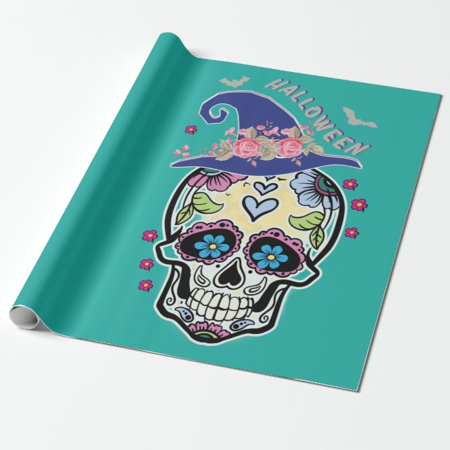 Halloween Flower Skull Wrapping Paper (Unrolled)