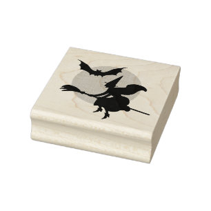 Halloween Flying Witch and Bat Rubber Stamp