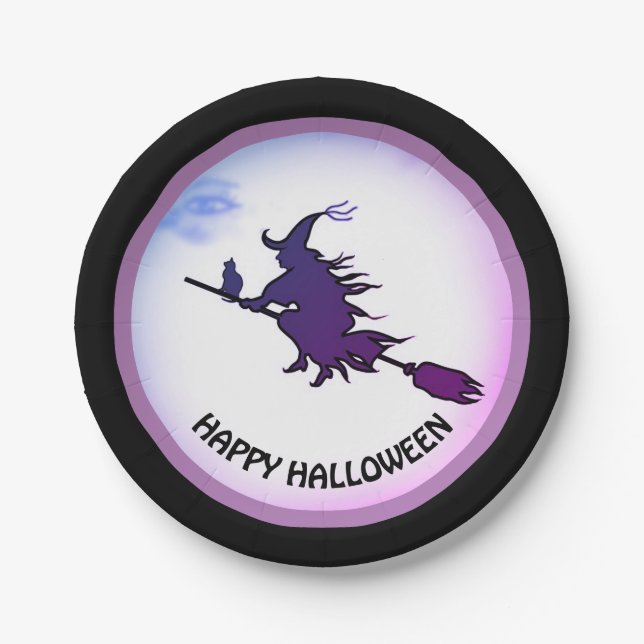 Halloween flying witch & black cat paper plate (Front)