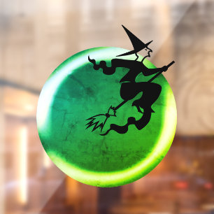 Halloween flying witch cat neon green full moon  window cling