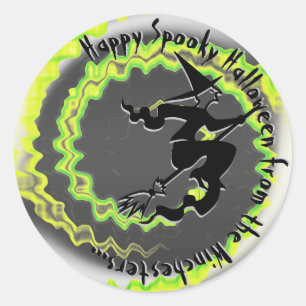 Halloween flying witch neon green magic spell text classic round sticker