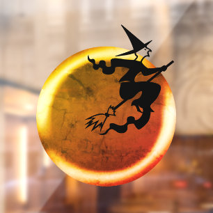 Halloween flying witch on gold full moon spooky window cling