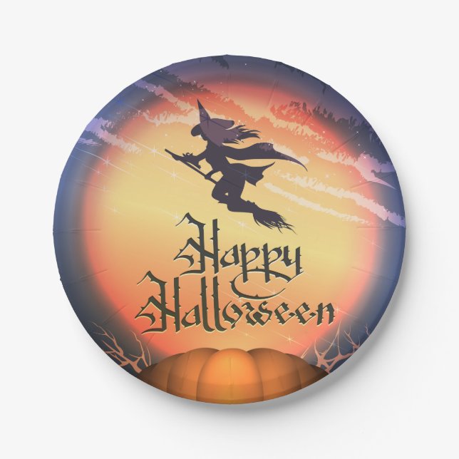 Halloween Flying Witch Paper Plate (Front)
