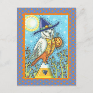 HALLOWEEN FOLK ART BARN OWL & CANDY CORN POSTCARD