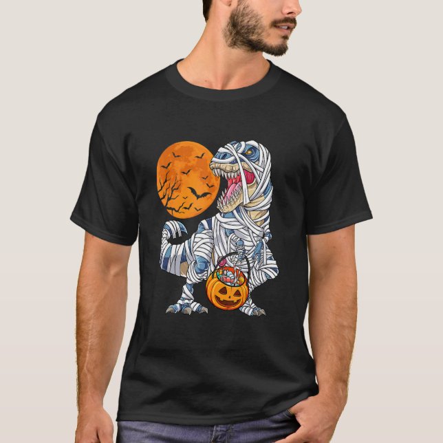 Halloween  For Boys Men Dinosaur Rex Mummy Pumpkin T-Shirt (Front)