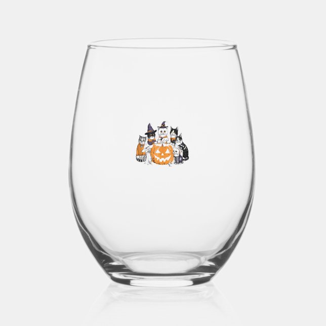 halloween for Cat Cute Kitten Ghost Skeleton Lover Stemless Wine Glass (Front)