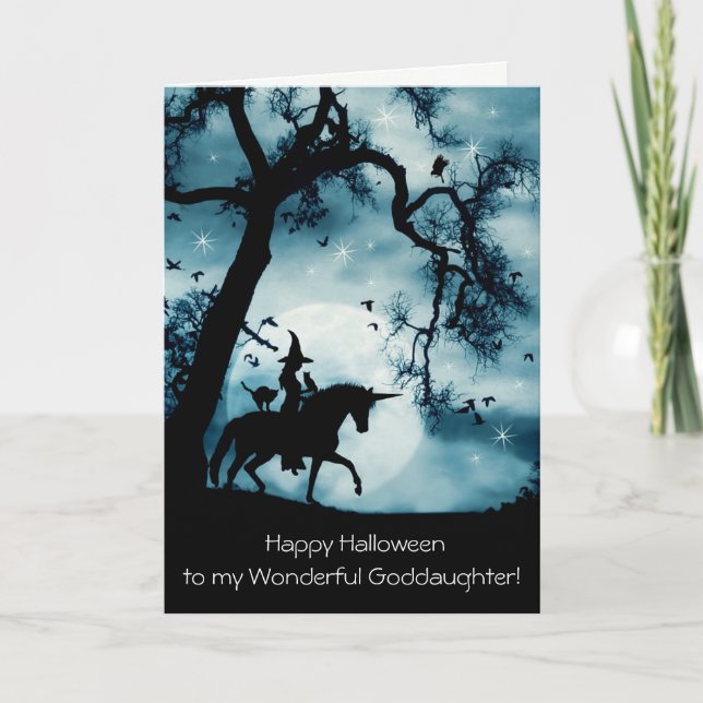 Halloween for Goddaughter Cute Witch and Unicorn Card (Front)