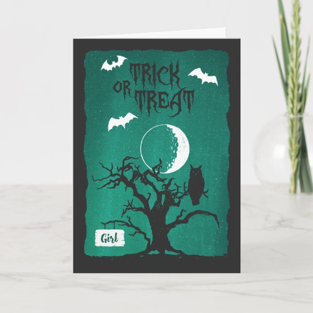 Halloween for my Girl, Owl Dead Tree Moon Bats Card (Front)