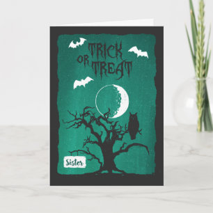 Halloween for Sister, Owl Crooked Tree Moon & Bats Card