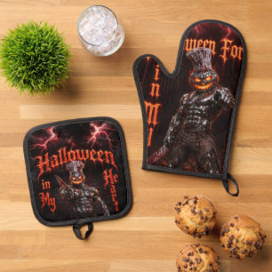Halloween Forever In My Heart Gothic Pumpkin Jack Oven Mitt & Pot Holder Set