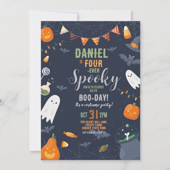 Halloween FOURever 4th Birthday Bats Party Ghosts Invitation (Front)