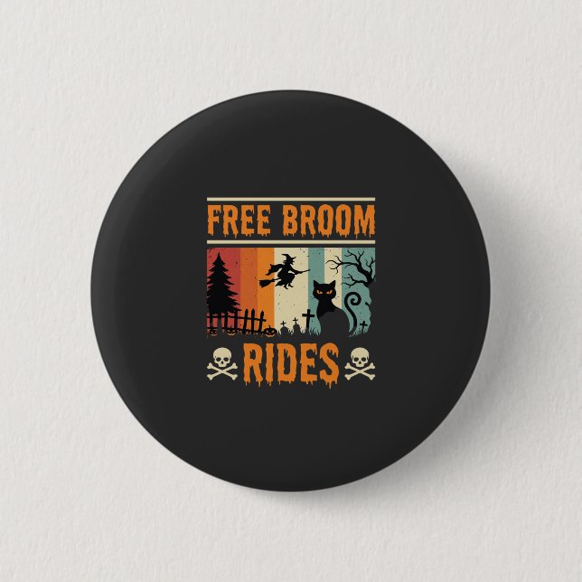 Halloween Free Broom Rides Witch Cat 2 Inch Round Button (Front)