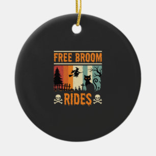 Halloween Free Broom Rides Witch Cat Ceramic Ornament