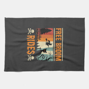 Halloween Free Broom Rides Witch Cat Kitchen Towel