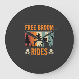 Halloween Free Broom Rides Witch Cat Large Clock