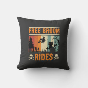 Halloween Free Broom Rides Witch Cat Throw Pillow