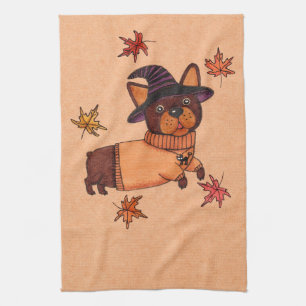 Halloween French Bulldog Autumn Witch Folk Art Kit Kitchen Towel