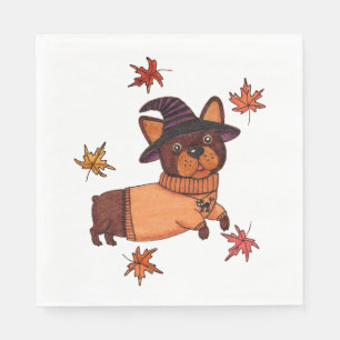 Halloween French Bulldog Autumn Witch Folk Art Pap Napkin