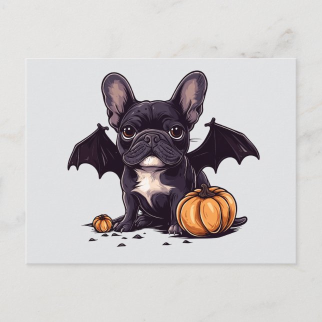 Halloween French Bulldog Bat Wings Pumpkins Postcard (Front)
