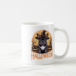 Halloween French Bulldog Outfit With Witch Hat And Coffee Mug