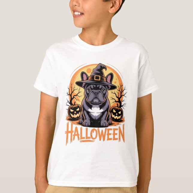 Halloween French Bulldog Outfit With Witch Hat And T-Shirt (Front)