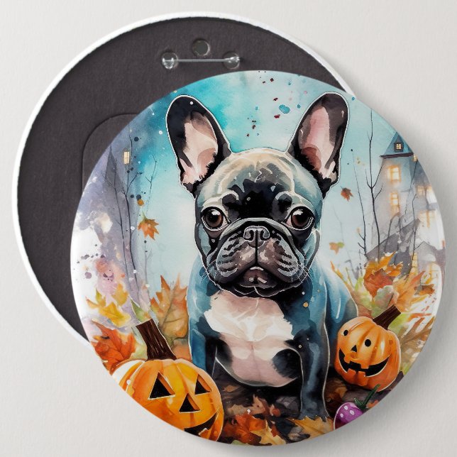 Halloween French Bulldog With Pumpkins Scary 6 Inch Round Button (Front & Back)