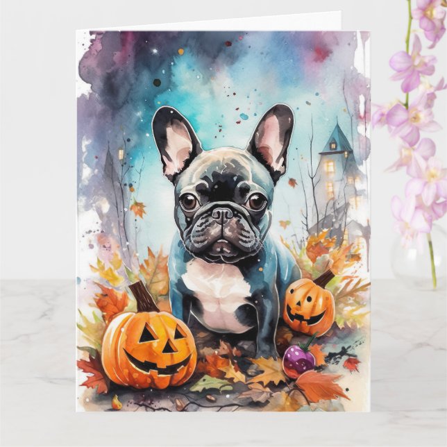 Halloween French Bulldog With Pumpkins Scary Card (Orchid)
