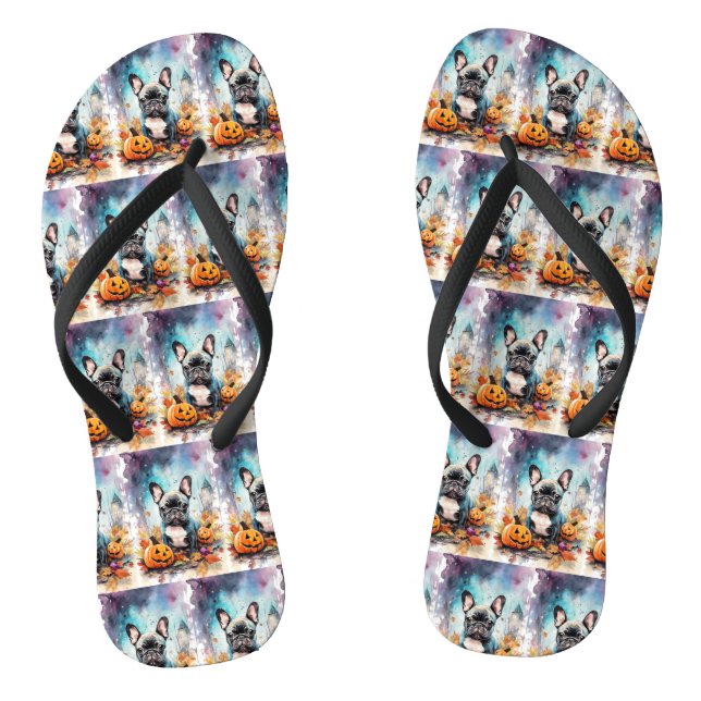 Halloween French Bulldog With Pumpkins Scary Flip Flops (Footbed)