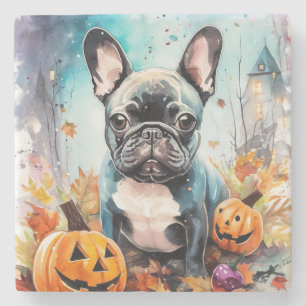 Halloween French Bulldog With Pumpkins Scary Stone Coaster