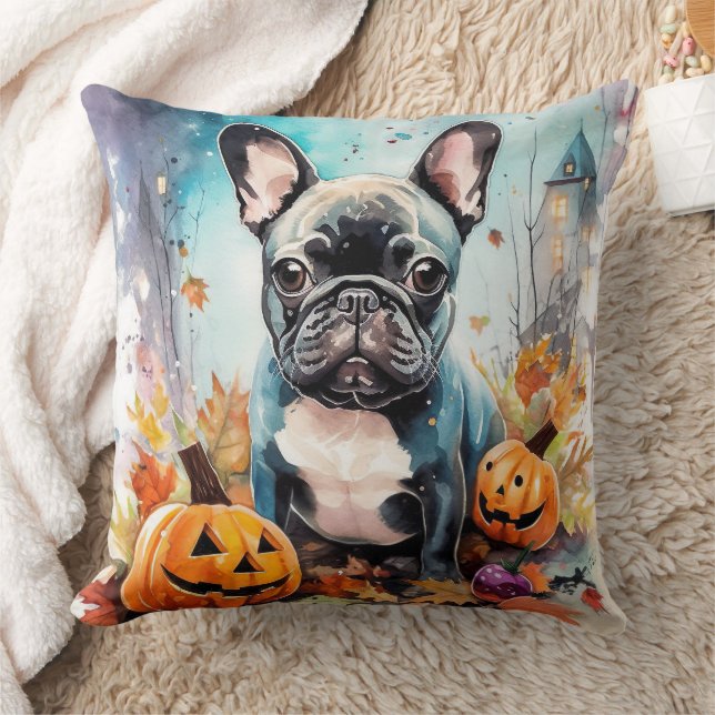 Halloween French Bulldog With Pumpkins Scary Throw Pillow (Blanket)