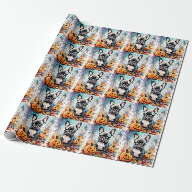 Halloween French Bulldog With Pumpkins Scary Wrapping Paper (Unrolled)