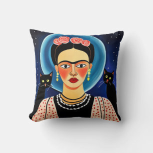 Halloween Frida and Black Cats Throw Pillow