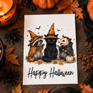 Halloween friends Cat Opossum and Raccoon Postcard