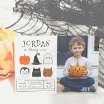 Halloween Friends Cute Modern Boy Birthday Photo Invitation<br><div class="desc">This modern design features the birthday boy's name in big capital letters in one of my favourite decorative fonts, below, his age appears in cute script typography. Underneath, in the middle of the card, there are 6 Halloween friends: a pumpkin, a vampire, a witch's hat, a black cat, a ghost,...</div>