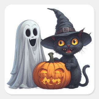 Halloween Friends With Pumpkin And Black Cat 🎃 Square Sticker