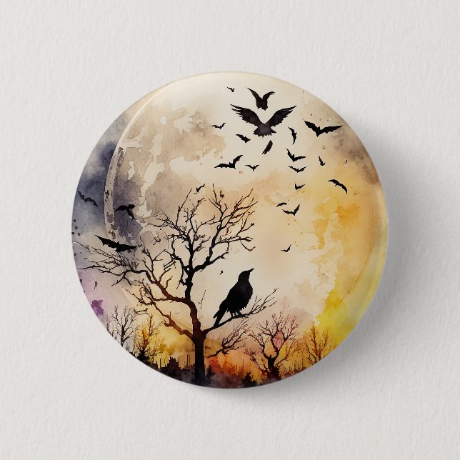 Halloween full moon bats raven scary night spooky  2 inch round button (Front)