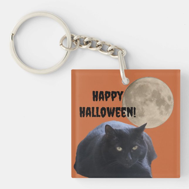 Halloween Full Moon Black Cat Keychain (Front)
